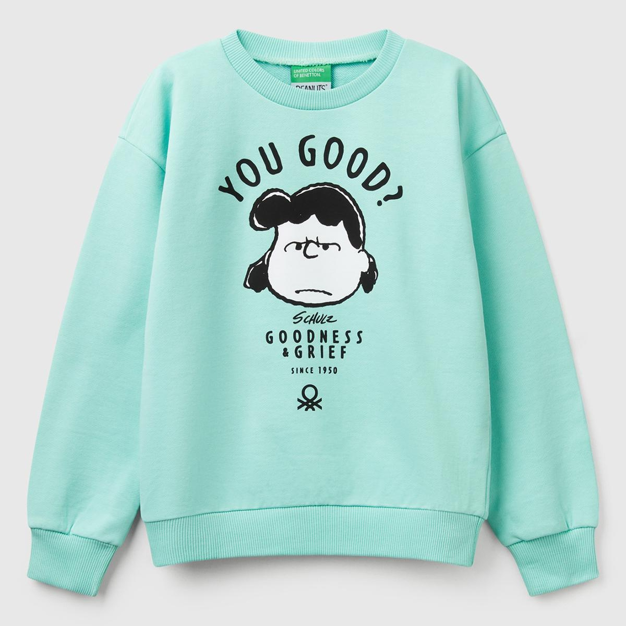Kız Çocuk Su Yeşili Peanuts Baskılı Logo Etiketli Bisiklet Yaka Sweatshirt