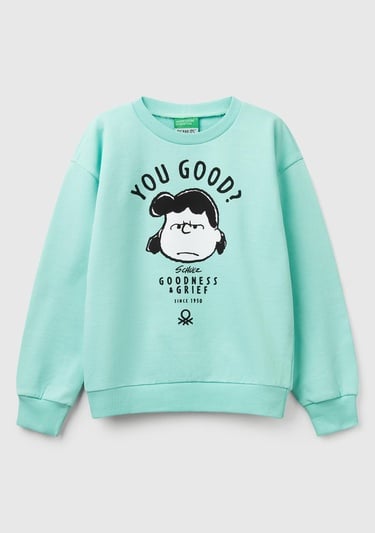  Kız Çocuk Su Yeşili Peanuts Baskılı Logo Etiketli Bisiklet Yaka Sweatshirt