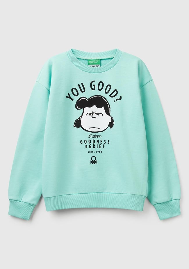 Kız Çocuk Su Yeşili Peanuts Baskılı Logo Etiketli Bisiklet Yaka Sweatshirt