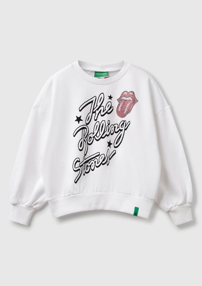  Kız Çocuk Beyaz Rolling Stones Baskılı Logo Etiketli Sweatshirt