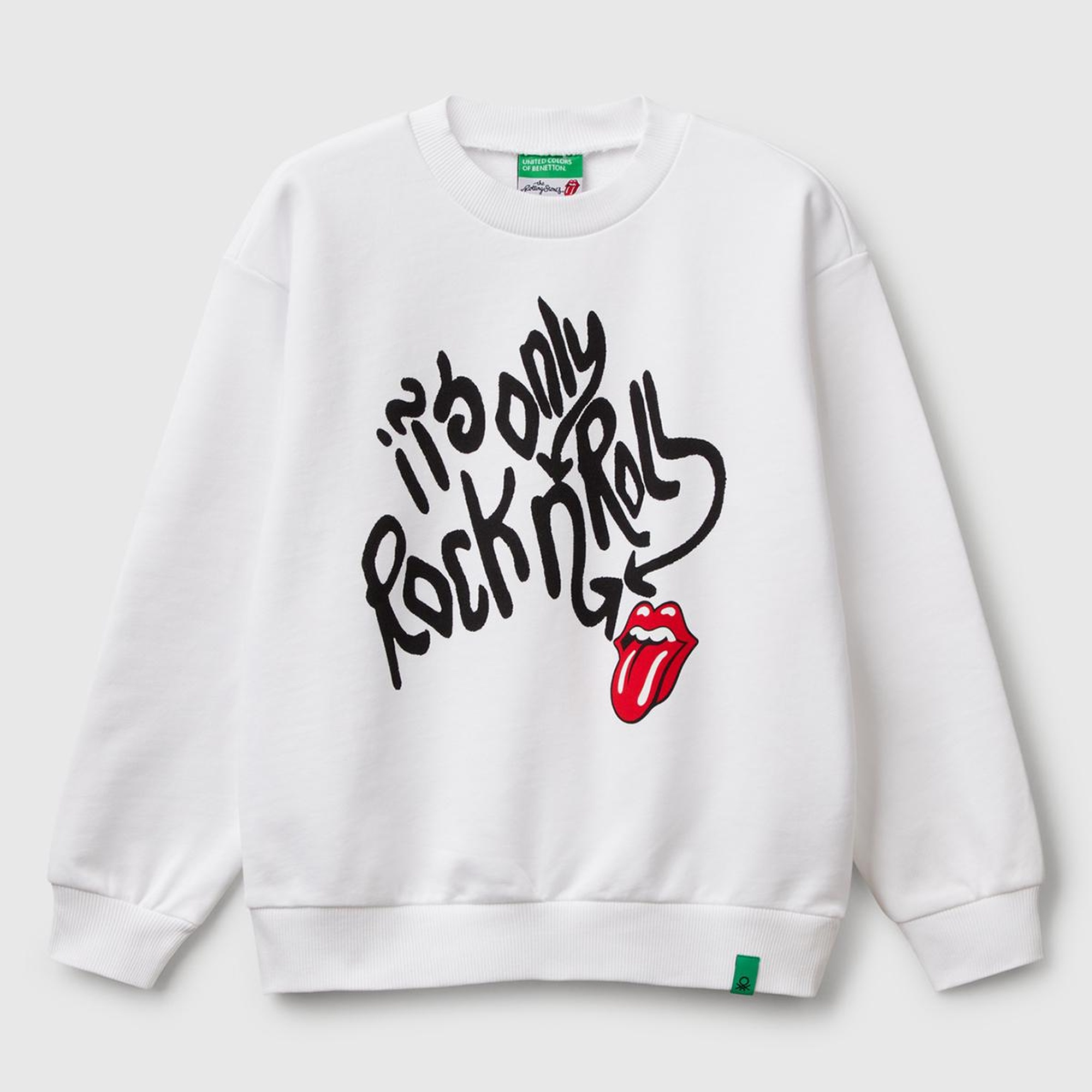 Erkek Çocuk Beyaz Rolling Stones Baskılı Etiket Logolu Bisiklet Yaka Sweatshirt