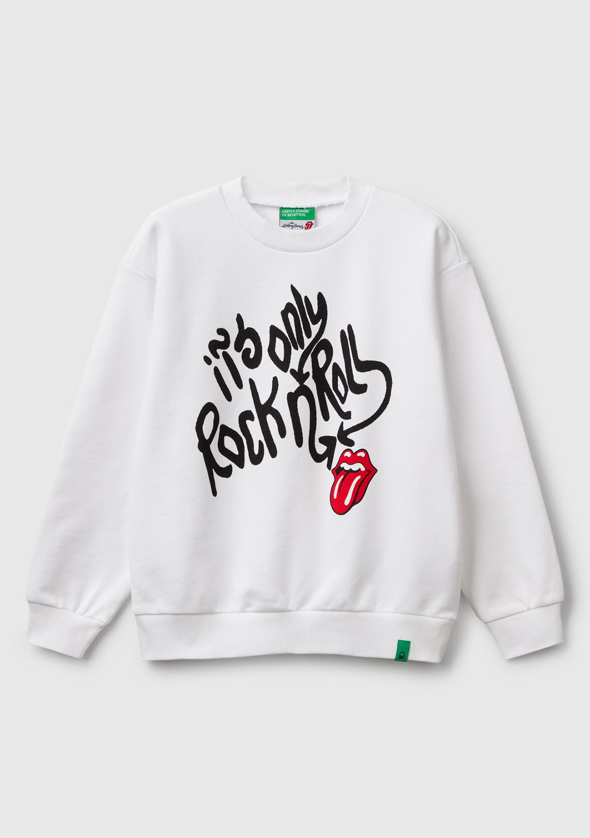  Erkek Çocuk Beyaz Rolling Stones Baskılı Etiket Logolu Bisiklet Yaka Sweatshirt