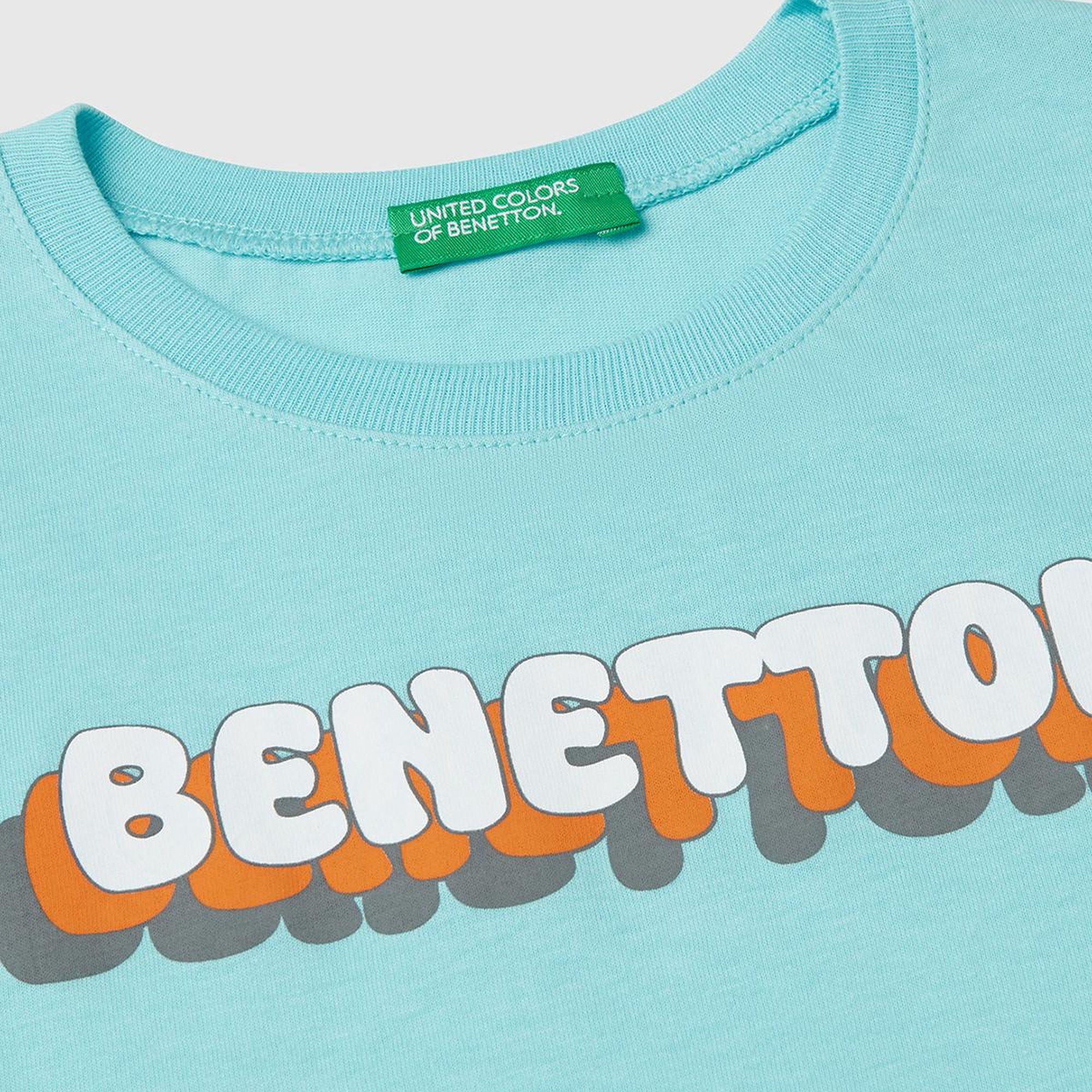 Erkek Çocuk Su Yeşili Benetton Logo Baskılı T-Shirt