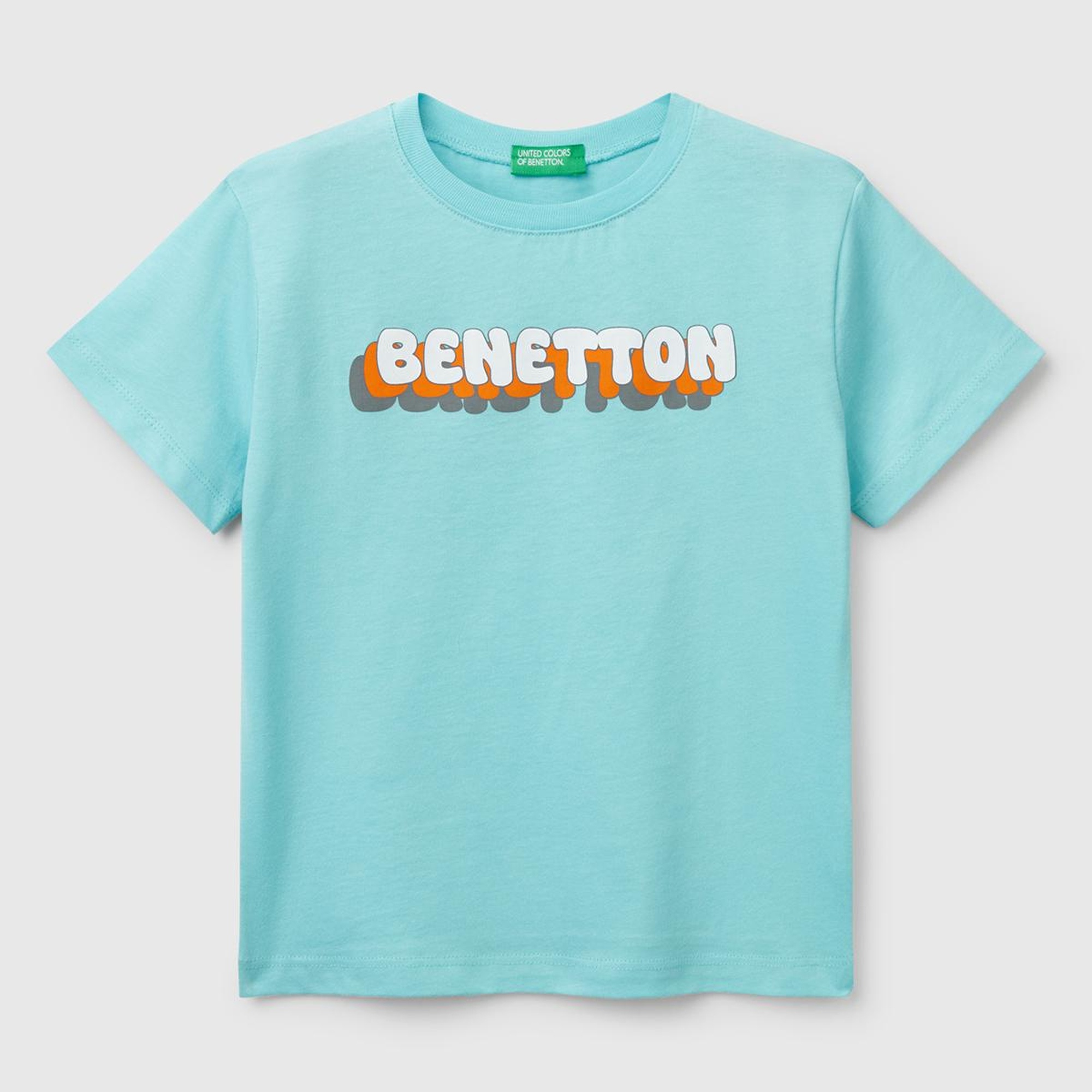 Erkek Çocuk Su Yeşili Benetton Logo Baskılı T-Shirt
