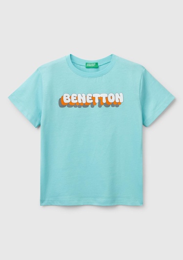  Erkek Çocuk Su Yeşili Benetton Logo Baskılı T-Shirt