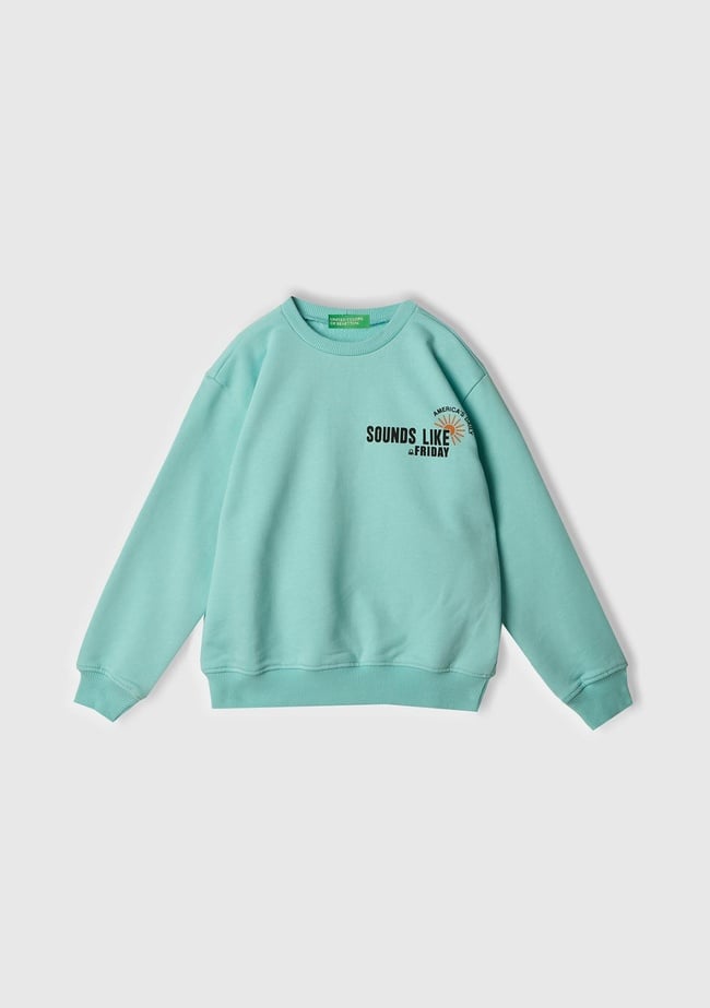  Erkek Çocuk Su Yeşili Baskılı Manşetli Bisiklet Yaka Sweatshirt