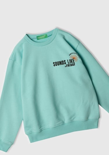  Erkek Çocuk Su Yeşili Baskılı Manşetli Bisiklet Yaka Sweatshirt