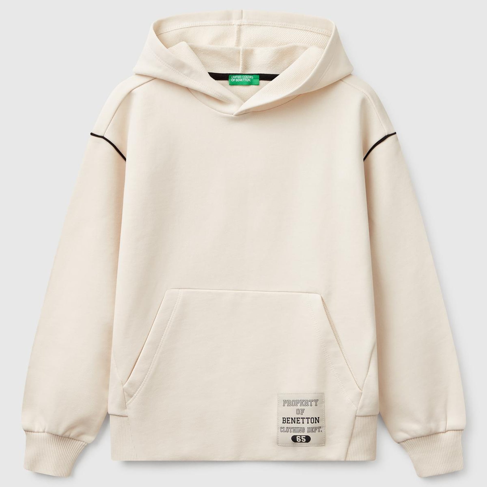 Erkek Çocuk Krem Sırtı Şerit Detaylı Logolu Kese Cepli Kapüşonlu Sweatshirt