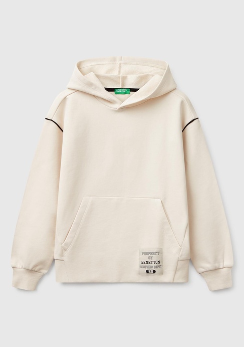  Erkek Çocuk Krem Sırtı Şerit Detaylı Logolu Kese Cepli Kapüşonlu Sweatshirt