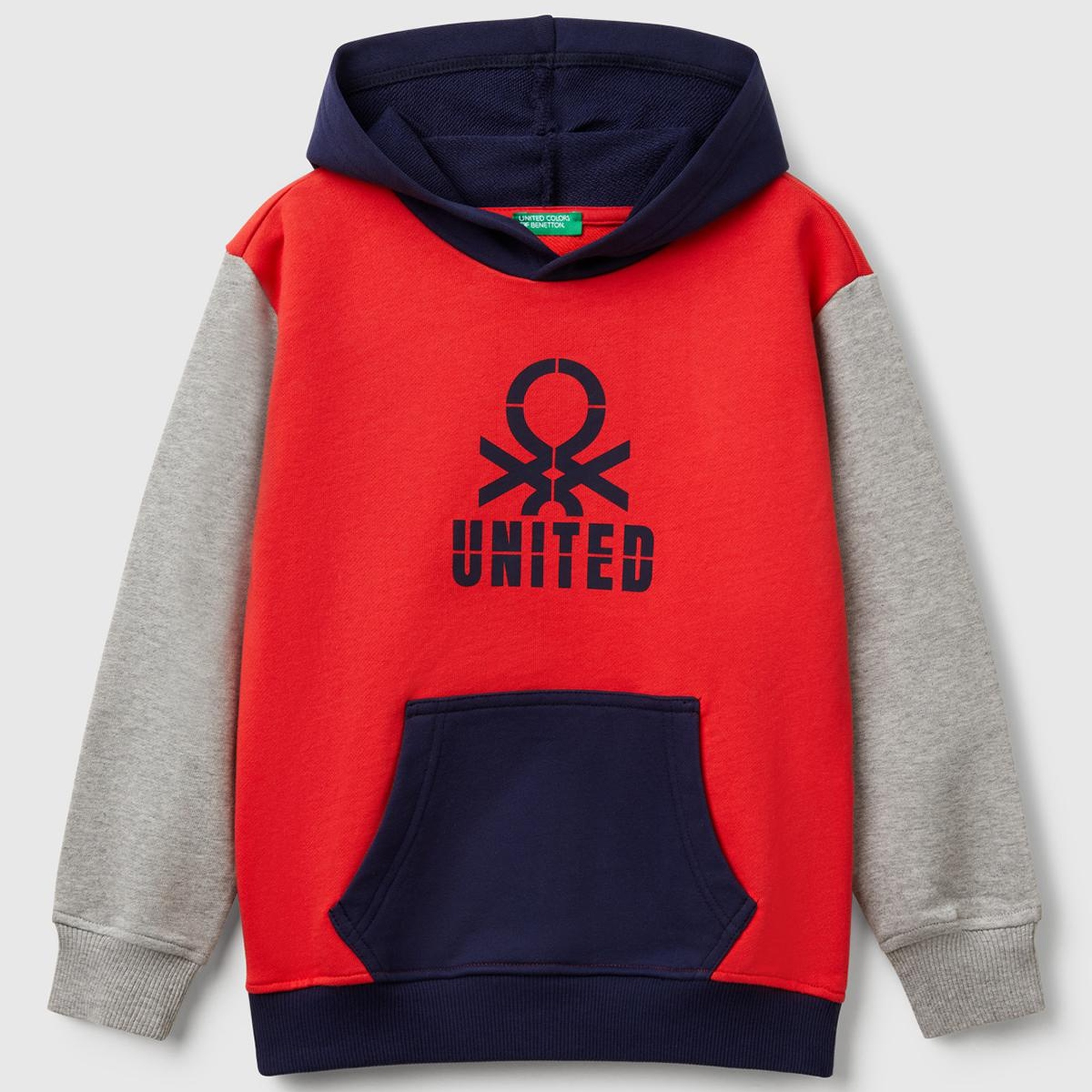 Erkek Çocuk Kırmızı Mix Benetton Logolu Kanguru Cepli Kapüşonlu Sweatshirt