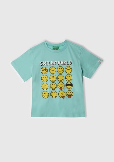  Erkek Çocuk Su Yeşili Smiley World Baskılı Logo Etiketli T-Shirt