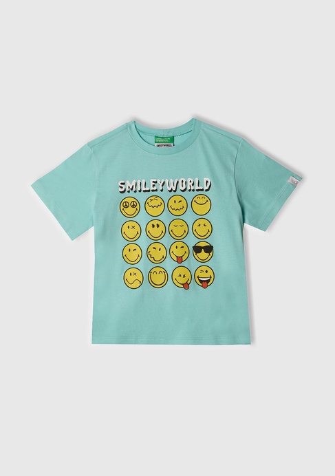  Erkek Çocuk Su Yeşili Smiley World Baskılı Logo Etiketli T-Shirt