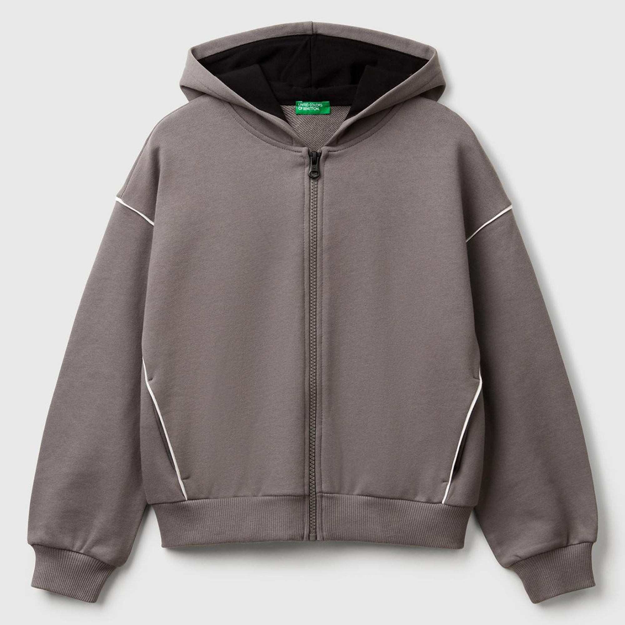 Kız Çocuk Antrasit Kontrastlı Logo Etiketli Kapüşonlu Fermuarlı Oversize Sweatshirt