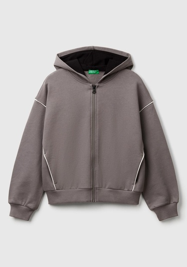  Kız Çocuk Antrasit Kontrastlı Logo Etiketli Kapüşonlu Fermuarlı Oversize Sweatshirt