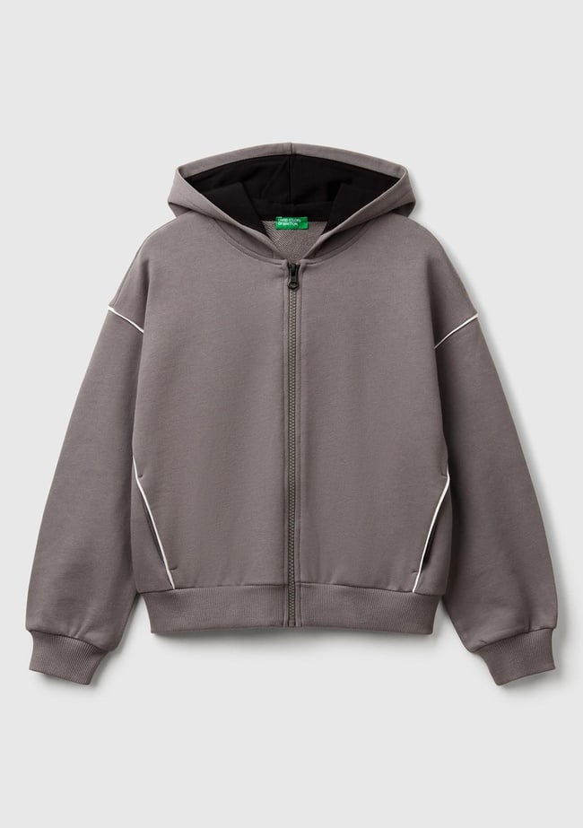  Kız Çocuk Antrasit Kontrastlı Logo Etiketli Kapüşonlu Fermuarlı Oversize Sweatshirt