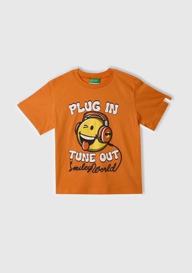  Erkek Çocuk Turuncu Smiley World Baskılı Logo Etiketli T-Shirt