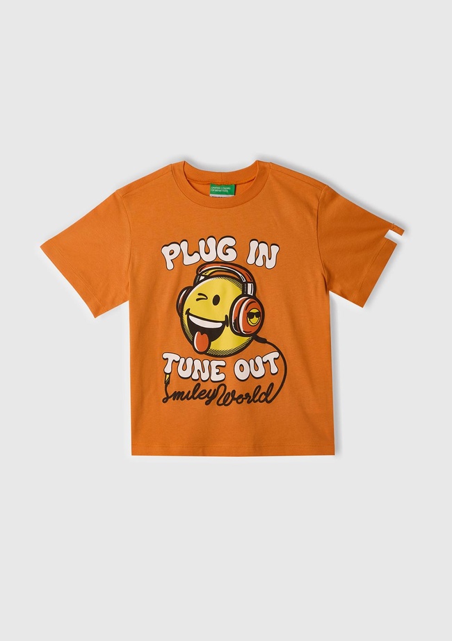  Erkek Çocuk Turuncu Smiley World Baskılı Logo Etiketli T-Shirt