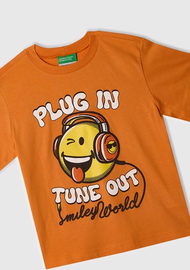  Erkek Çocuk Turuncu Smiley World Baskılı Logo Etiketli T-Shirt