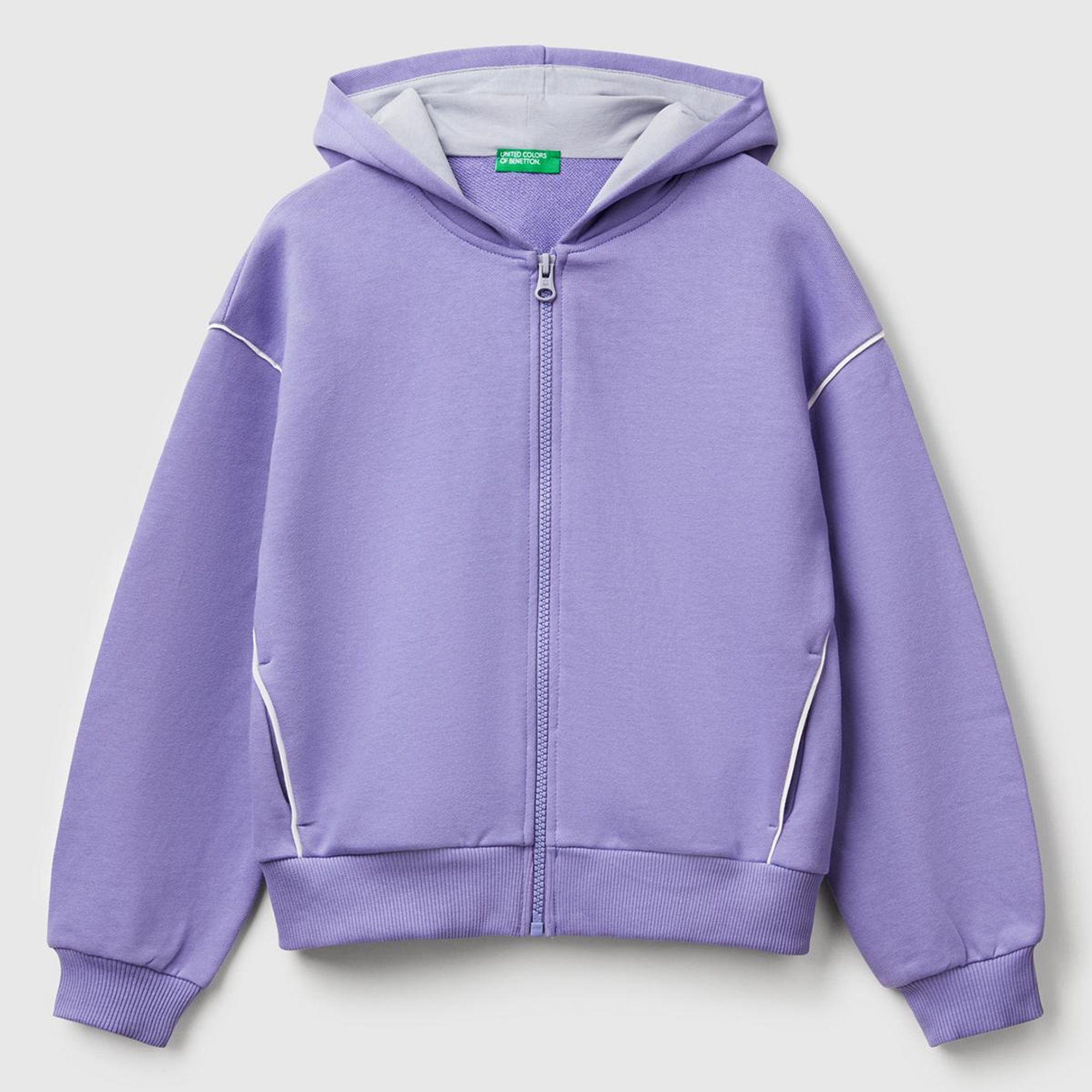 Kız Çocuk Mor Kontrastlı Logo Etiketli Kapüşonlu Fermuarlı Oversize Sweatshirt