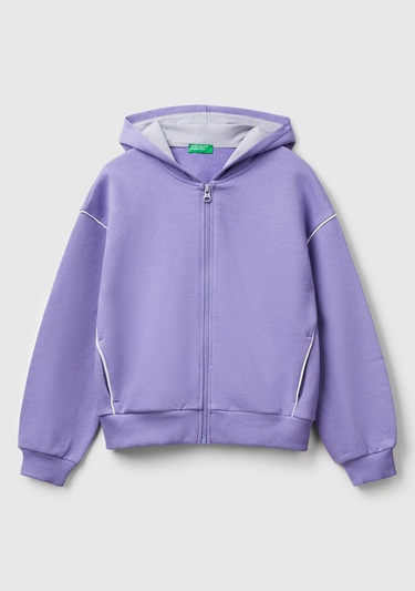  Kız Çocuk Mor Kontrastlı Logo Etiketli Kapüşonlu Fermuarlı Oversize Sweatshirt