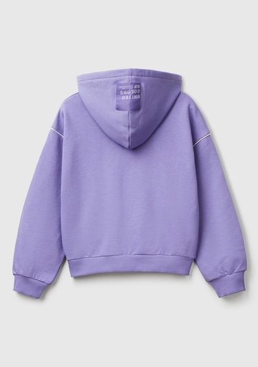  Kız Çocuk Mor Kontrastlı Logo Etiketli Kapüşonlu Fermuarlı Oversize Sweatshirt
