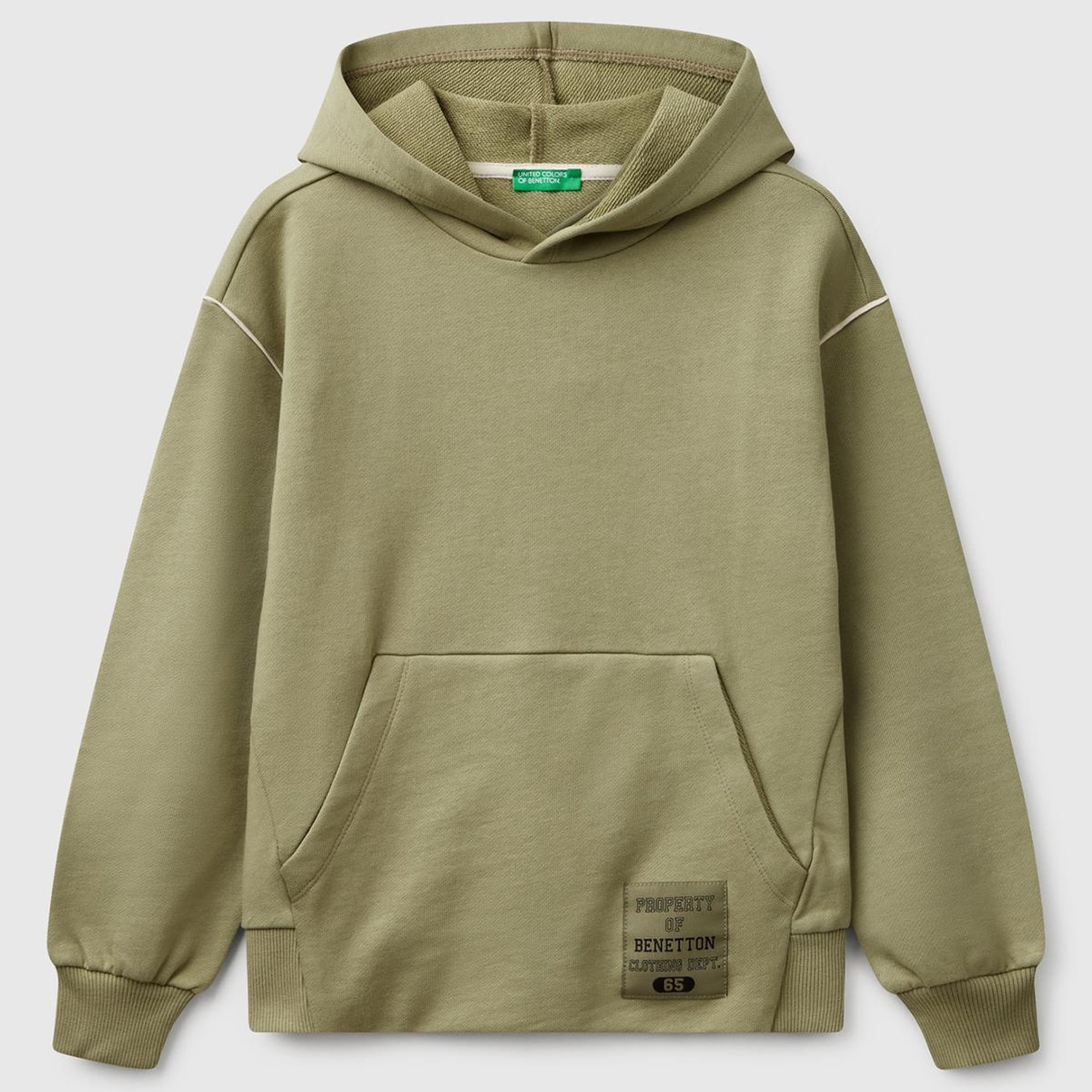 Erkek Çocuk Haki Sırtı Şerit Detaylı Logolu Kese Cepli Kapüşonlu Sweatshirt