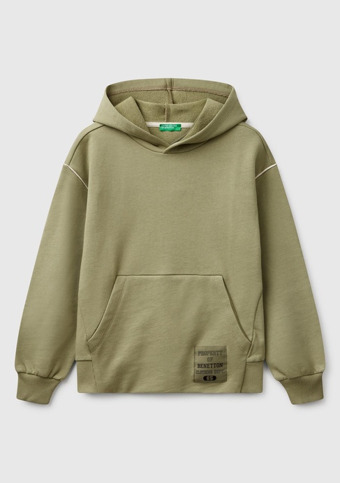  Erkek Çocuk Haki Sırtı Şerit Detaylı Logolu Kese Cepli Kapüşonlu Sweatshirt