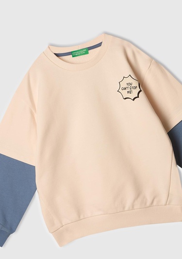  Erkek Çocuk Ekru Grafik Baskılı Çift Kollu Bisiklet Yaka Sweatshirt