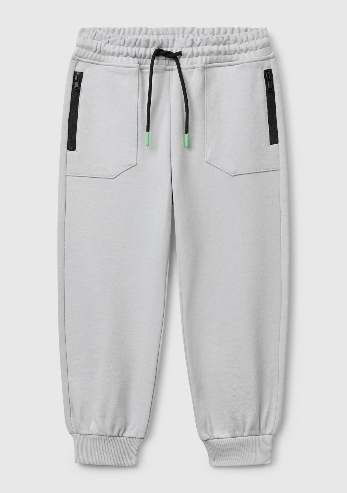  Erkek Çocuk Gri Melanj Beli İpli Fermuar Cepli Paçası Ribanalı Eşofman Altı