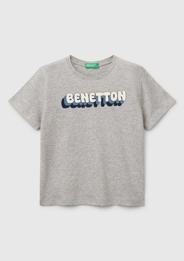  Erkek Çocuk Gri Melanj Benetton Logo Baskılı T-Shirt