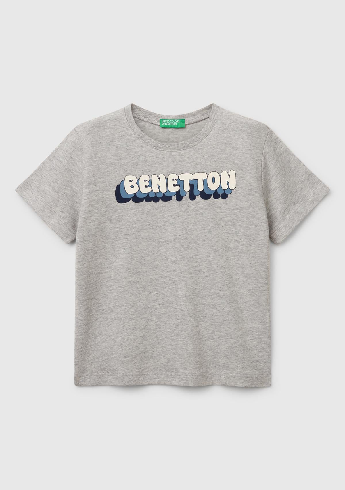  Erkek Çocuk Gri Melanj Benetton Logo Baskılı T-Shirt