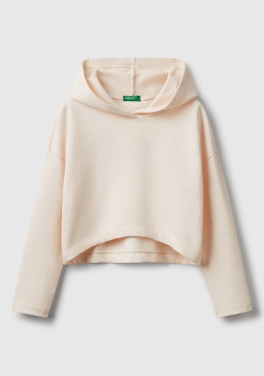  Kız Çocuk Ekru Arkası Logo Etiketli Kapüşonlu Relax Fit Sweatshirt