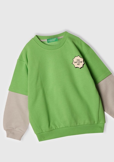  Erkek Çocuk Fıstık Yeşili Grafik Baskılı Çift Kollu Bisiklet Yaka Sweatshirt