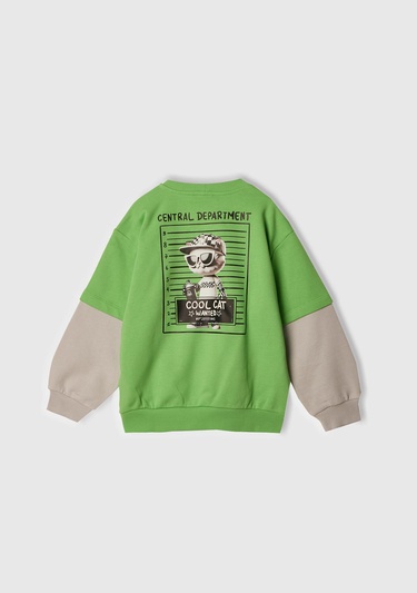 Erkek Çocuk Fıstık Yeşili Grafik Baskılı Çift Kollu Bisiklet Yaka Sweatshirt