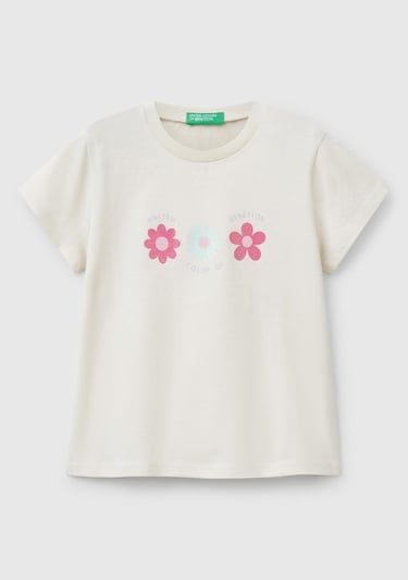  Kız Çocuk Krem Simli Benetton Logo Baskılı T-Shirt