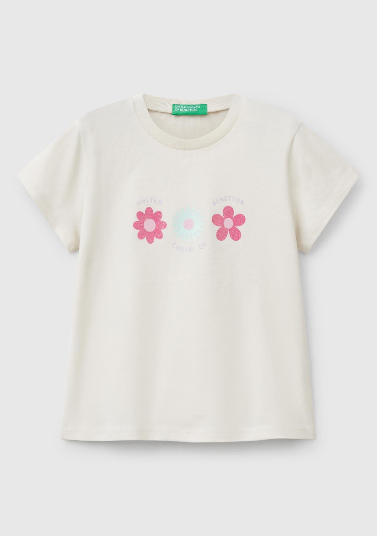  Kız Çocuk Krem Simli Benetton Logo Baskılı T-Shirt