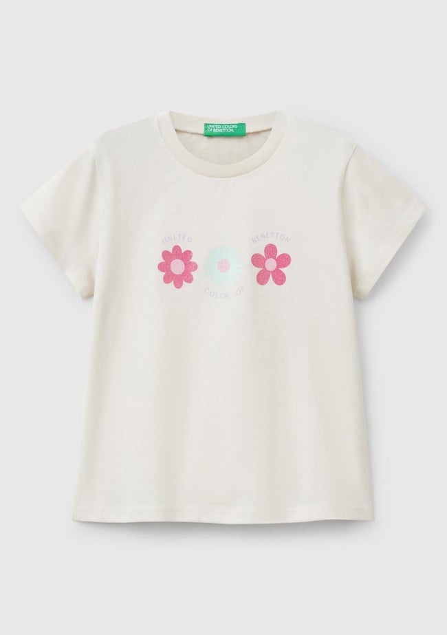  Kız Çocuk Krem Simli Benetton Logo Baskılı T-Shirt