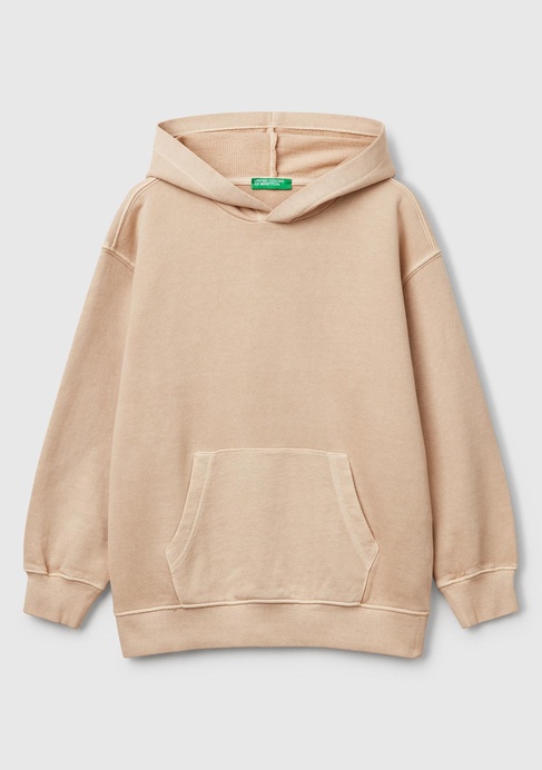  Erkek Çocuk Bej Baskılı Soluk Efektli Kese Cepli Kapüşonlu Sweatshirt