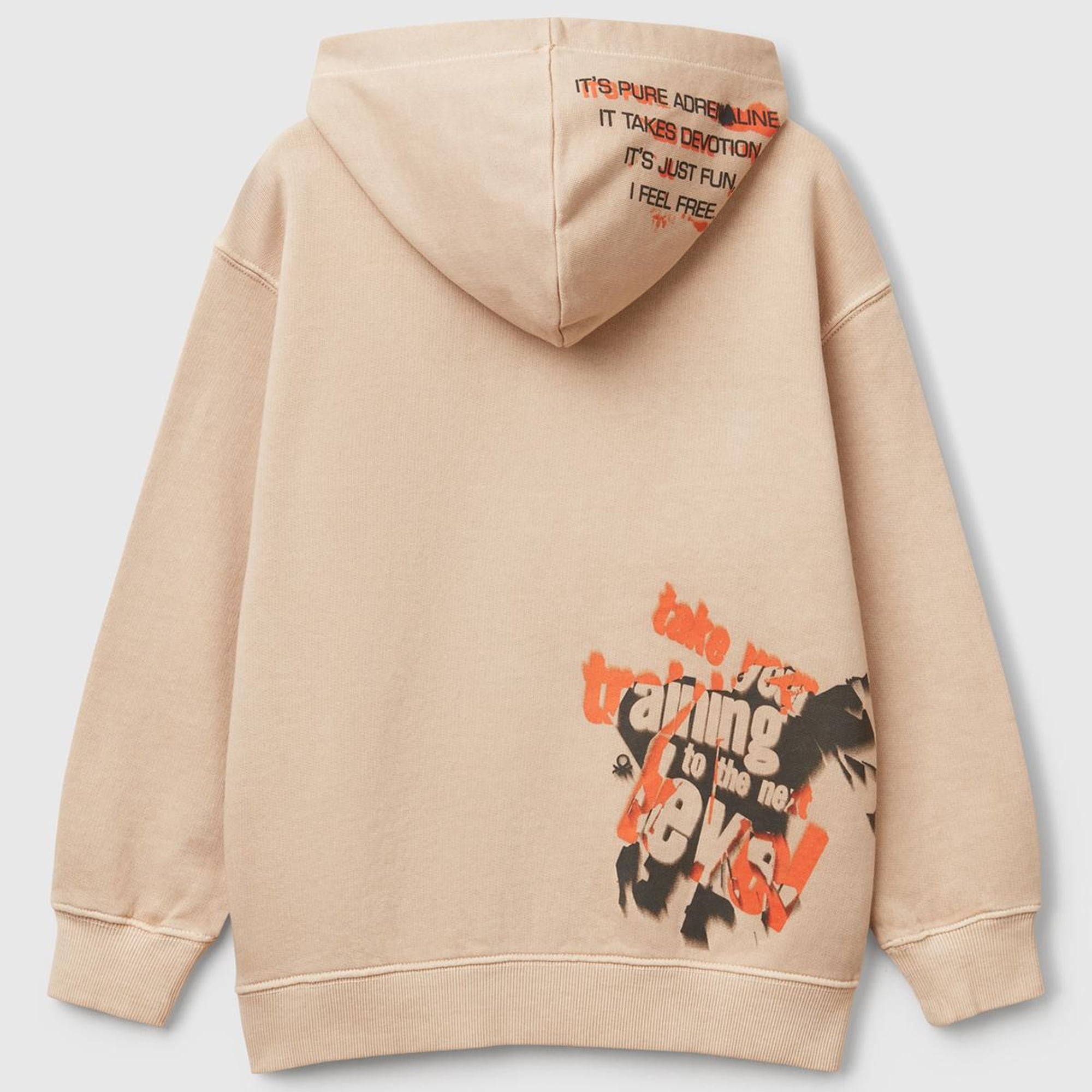 Erkek Çocuk Bej Baskılı Soluk Efektli Kese Cepli Kapüşonlu Sweatshirt