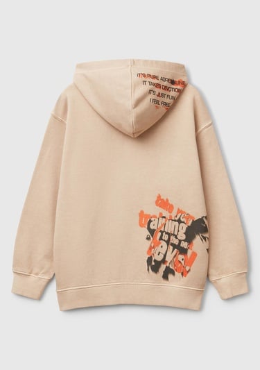  Erkek Çocuk Bej Baskılı Soluk Efektli Kese Cepli Kapüşonlu Sweatshirt