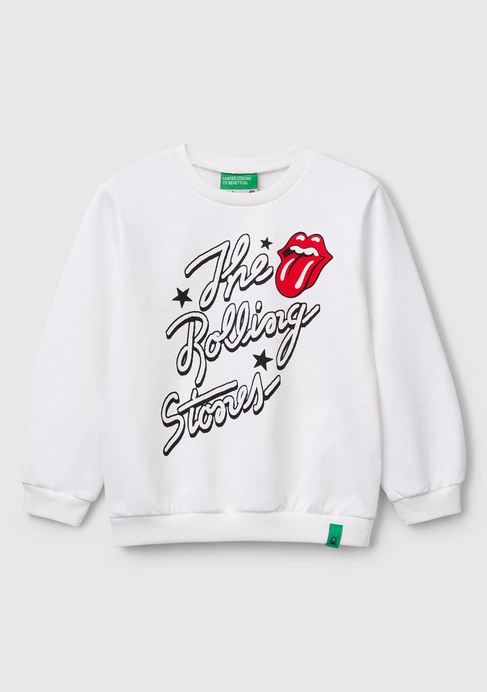  Kız Çocuk Beyaz Rolling Stones Baskılı Etiket Logolu Bisiklet Yaka Sweatshirt