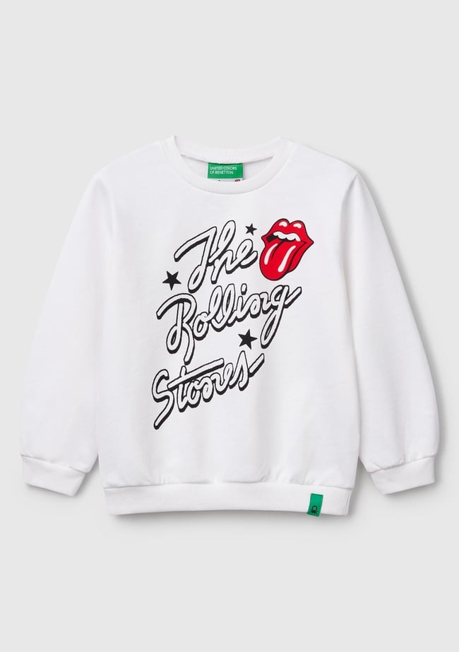  Kız Çocuk Beyaz Rolling Stones Baskılı Etiket Logolu Bisiklet Yaka Sweatshirt