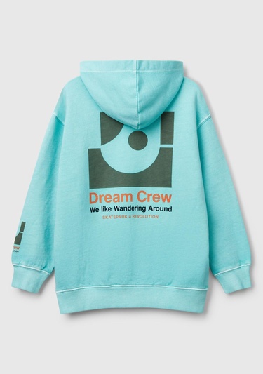  Erkek Çocuk Turkuaz Baskılı Soluk Efektli Kese Cepli Kapüşonlu Sweatshirt