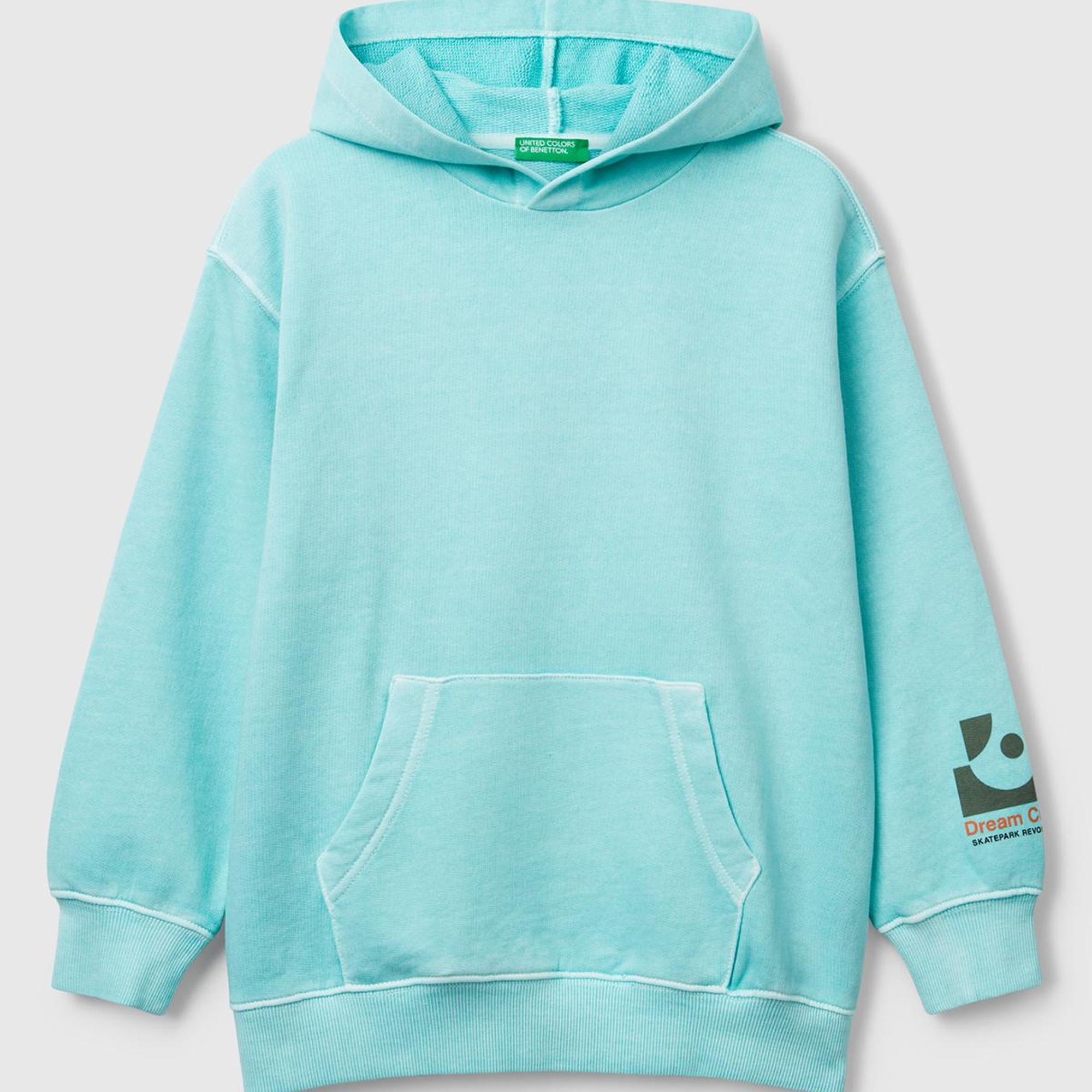 Erkek Çocuk Turkuaz Baskılı Soluk Efektli Kese Cepli Kapüşonlu Sweatshirt