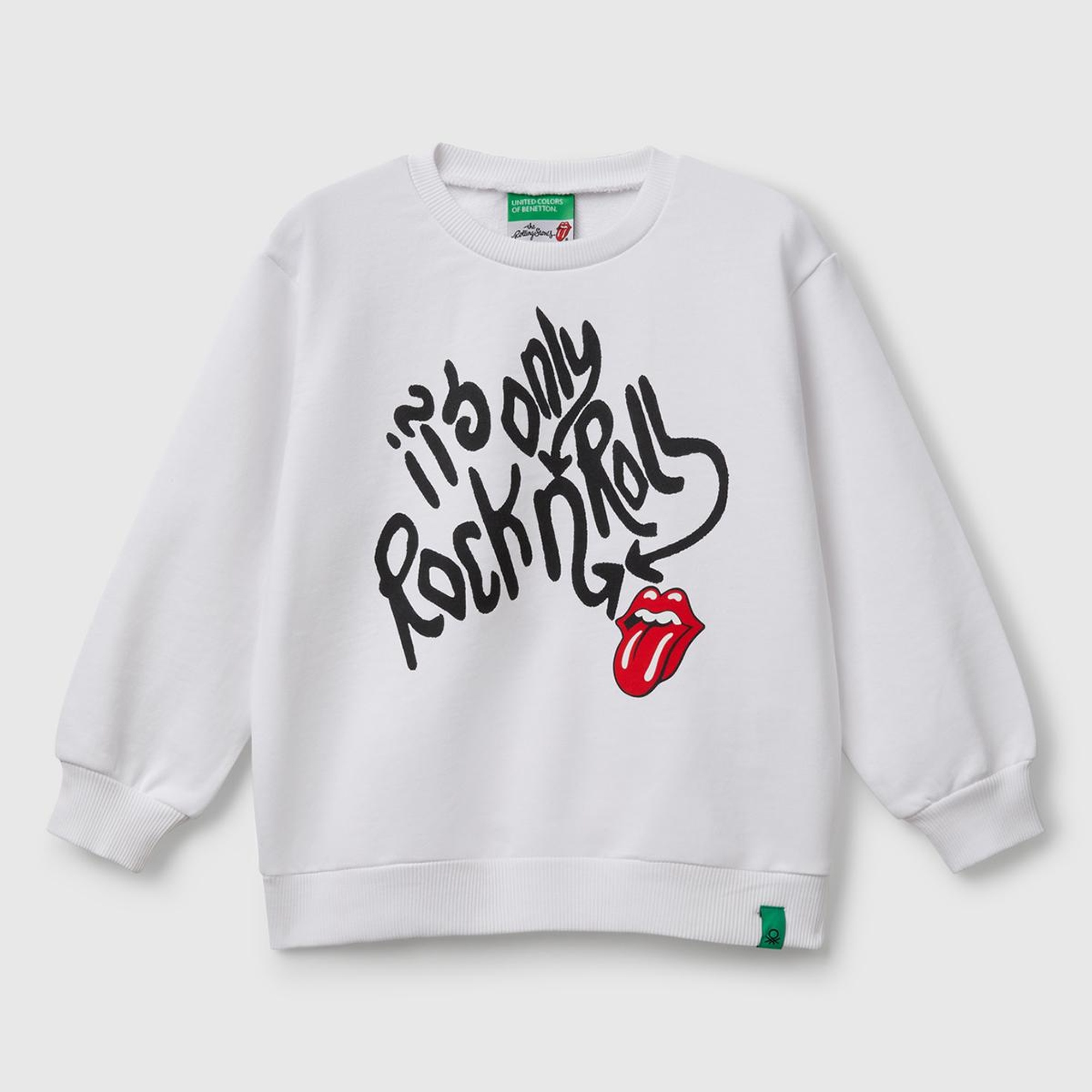 Erkek Çocuk Beyaz Rolling Stones Baskılı Etiket Logolu Bisiklet Yaka Sweatshirt