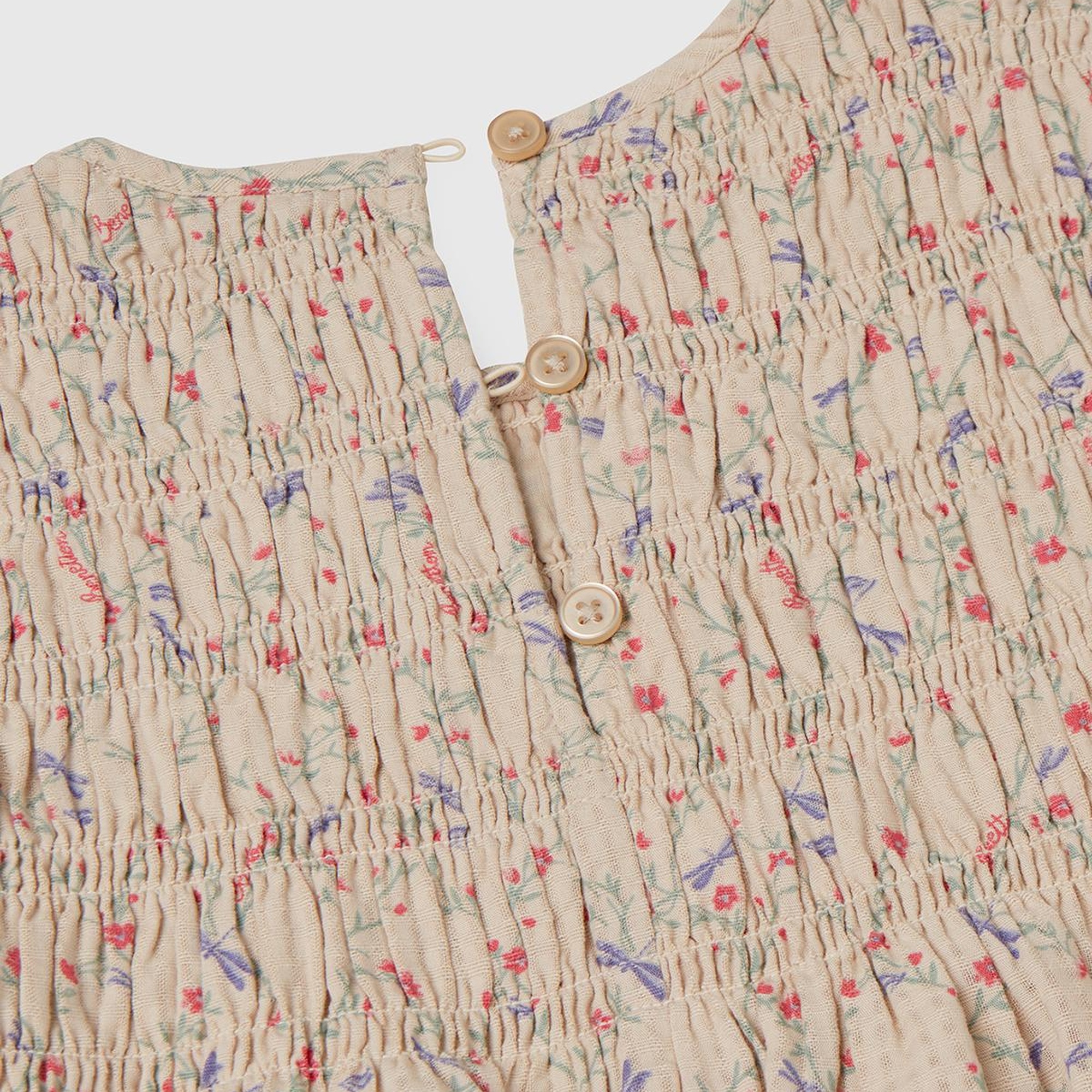 Kız Çocuk Ekru Gofre Kumaş Çiçek Desenli Lastikli Pileli Uzun Kollu Elbise