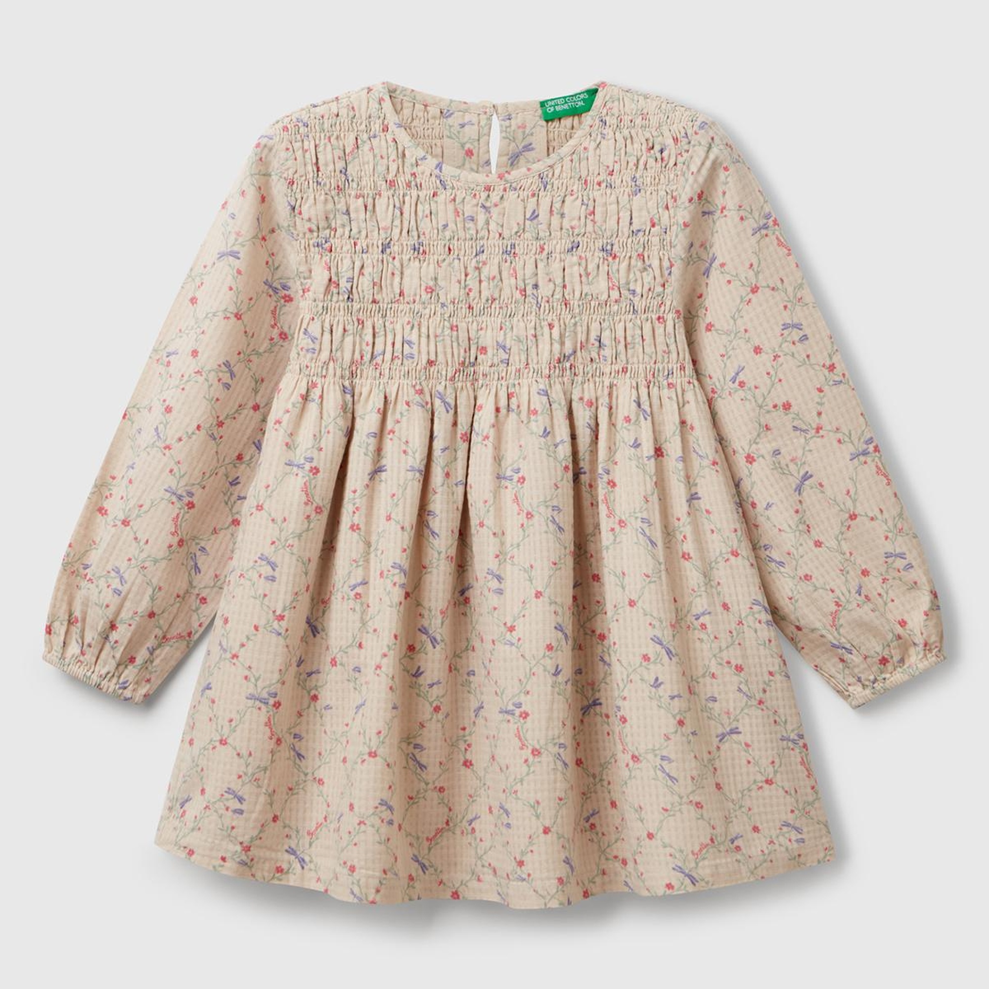 Kız Çocuk Ekru Gofre Kumaş Çiçek Desenli Lastikli Pileli Uzun Kollu Elbise