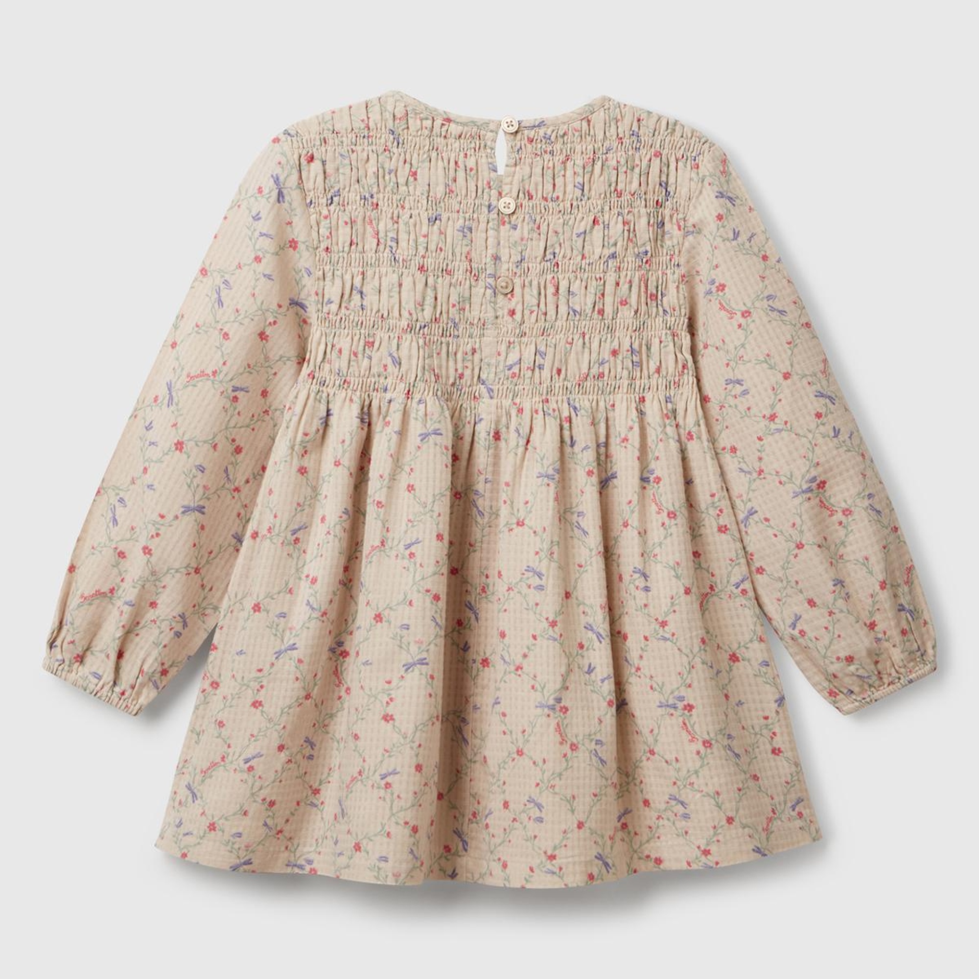 Kız Çocuk Ekru Gofre Kumaş Çiçek Desenli Lastikli Pileli Uzun Kollu Elbise