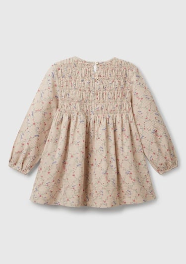  Kız Çocuk Ekru Gofre Kumaş Çiçek Desenli Lastikli Pileli Uzun Kollu Elbise