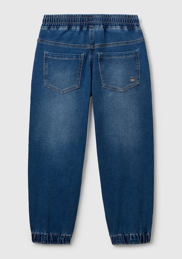  Erkek Çocuk Koyu Denim Logo Detaylı Büzgü İpli Denim Jogger Pantolon